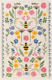 Bee  Dishtowel, 18x28in, Cotton-Linen Blend, Folk Art-Inspired Kitchen Towel with Bees and Wildflowers
