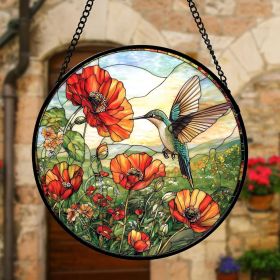 Stained Glass Window Hanging, Hummingbirds Orange Flowers Suncatcher Diamond Glass Panel Hangings Sun Catchers Decor for Birthday for Women, Men,