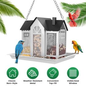 Metal Hanging Bird Feeder House Classic Barn Bird Feeder House Iron Hanging Outdoor Feeder with Visible Window and Lift Top Lid 15.75in Hanging L (Color: White)