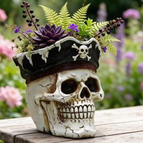 Hand Painted Pirate Skull Planter, Gothic Planter, Unique Small Skeleton Flower Pot Indoor/Outdoor with Drainage (Color: White)